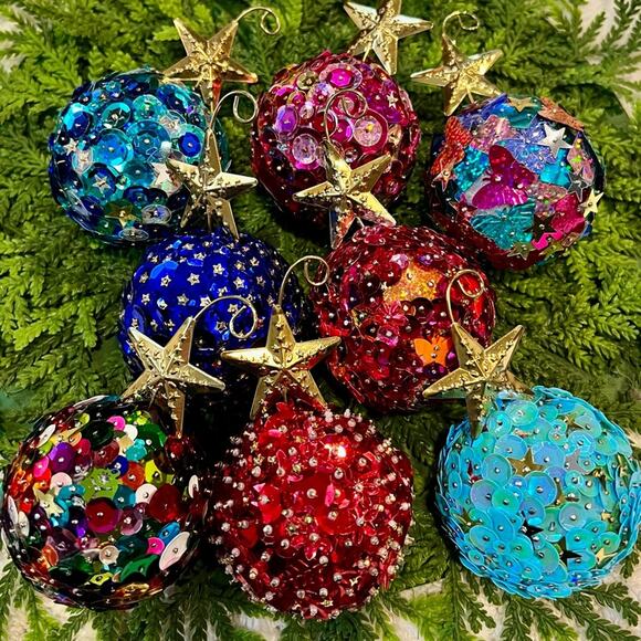 Lot of 8 Handmade Sequin Push Pin Ball Ornaments Christmas w/ Gold Star Hangers - Picture 1 of 16